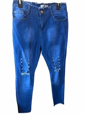 Frayed Waist Distressed Blue Skinny Ankle Distressed Jeans XL